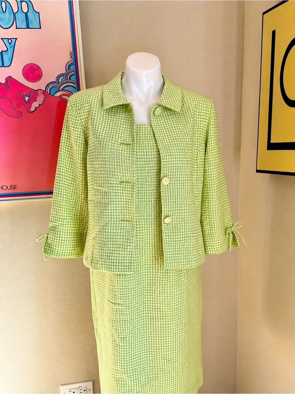 Vintage Jessica Howard Two-piece  Green Houndstooth dress - size 10P